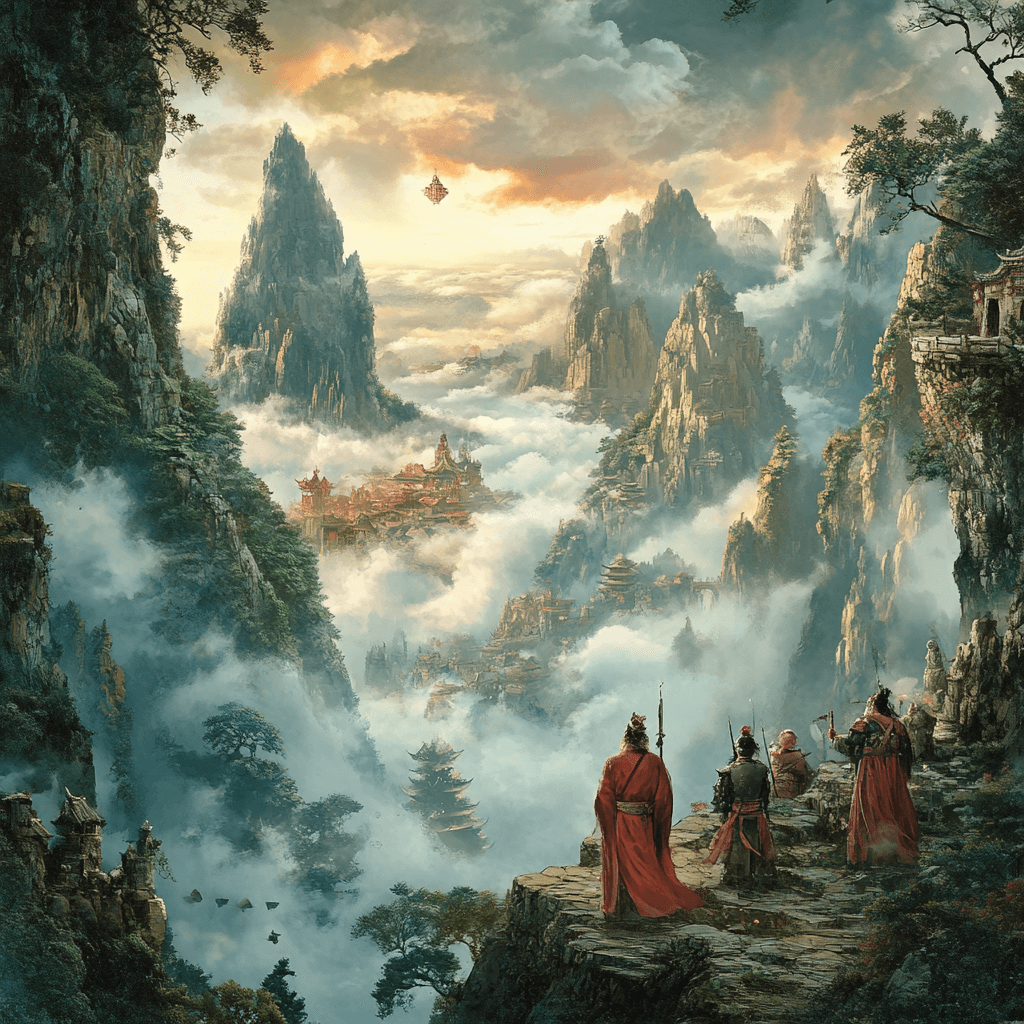 Mystical Chinese mountain landscape with temples
